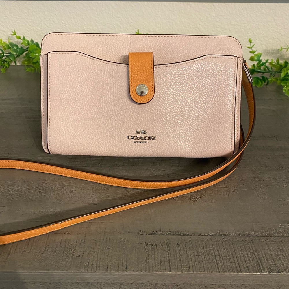 Coach Pebbled Leather Crossbody in Pale Pink with Tan Strap